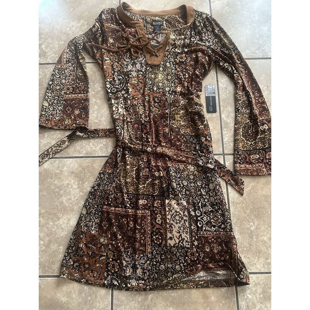Nwt Soho Apparel M Jersey Boho Printed Dress Stretch Brown